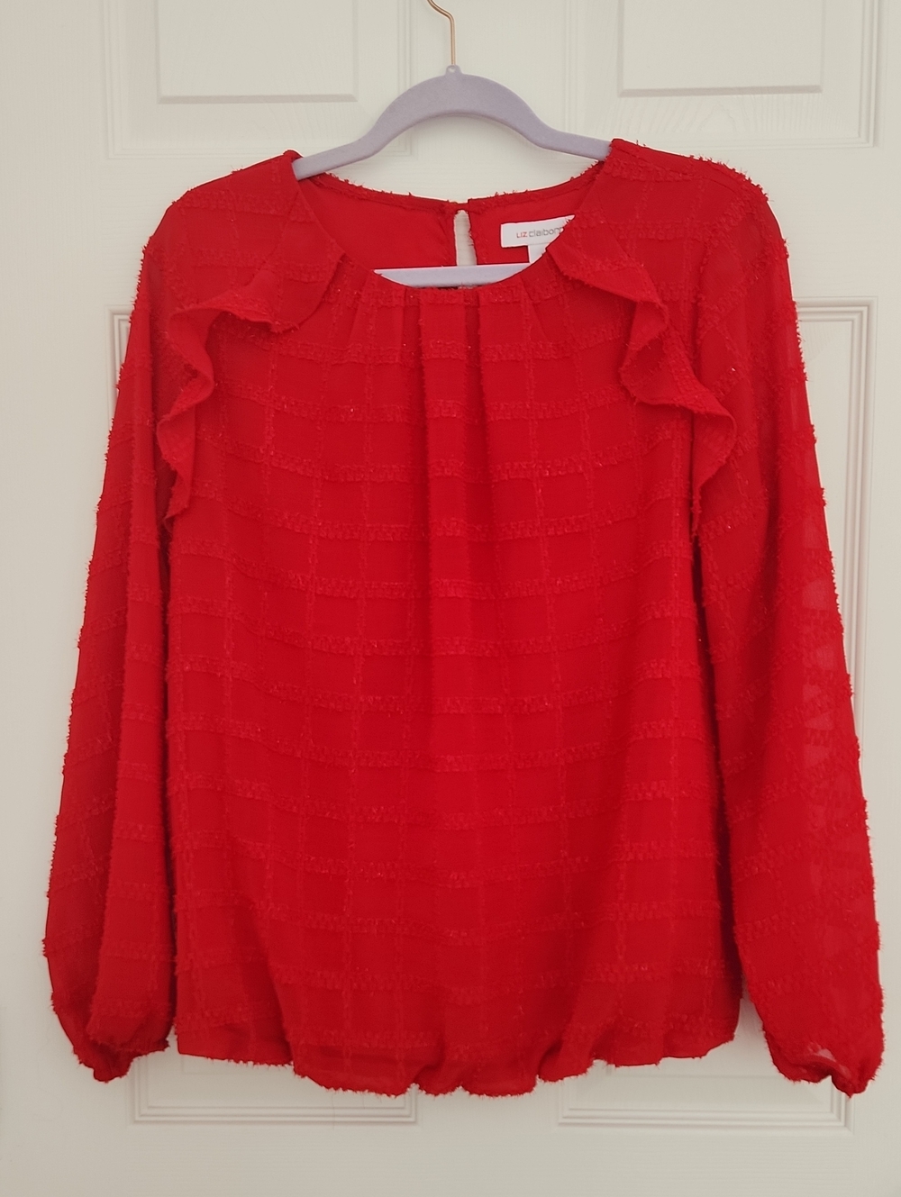 Business Casual Holiday Party Liz Claiborne Red Ruffle-Trim Long-Sleeve Blouse